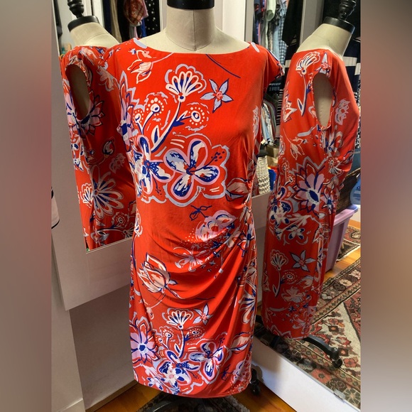 Chaps Dresses & Skirts - Chaps Bright Orange Midi Floral Dress w Side Ruching, Size Large